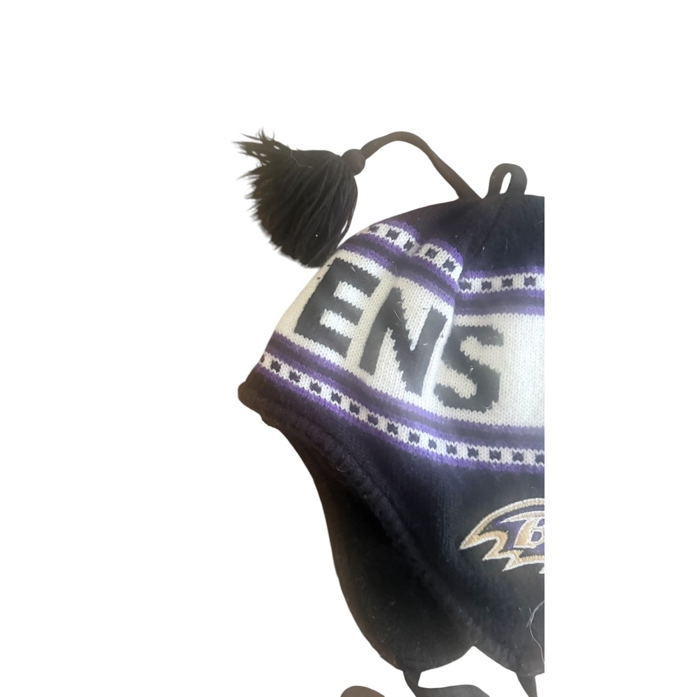 NFL Shop Baltimore Ravens Knit Earflap Hat Beanie Pom Tassels Purple Black OSFM - Picture 2 of 6